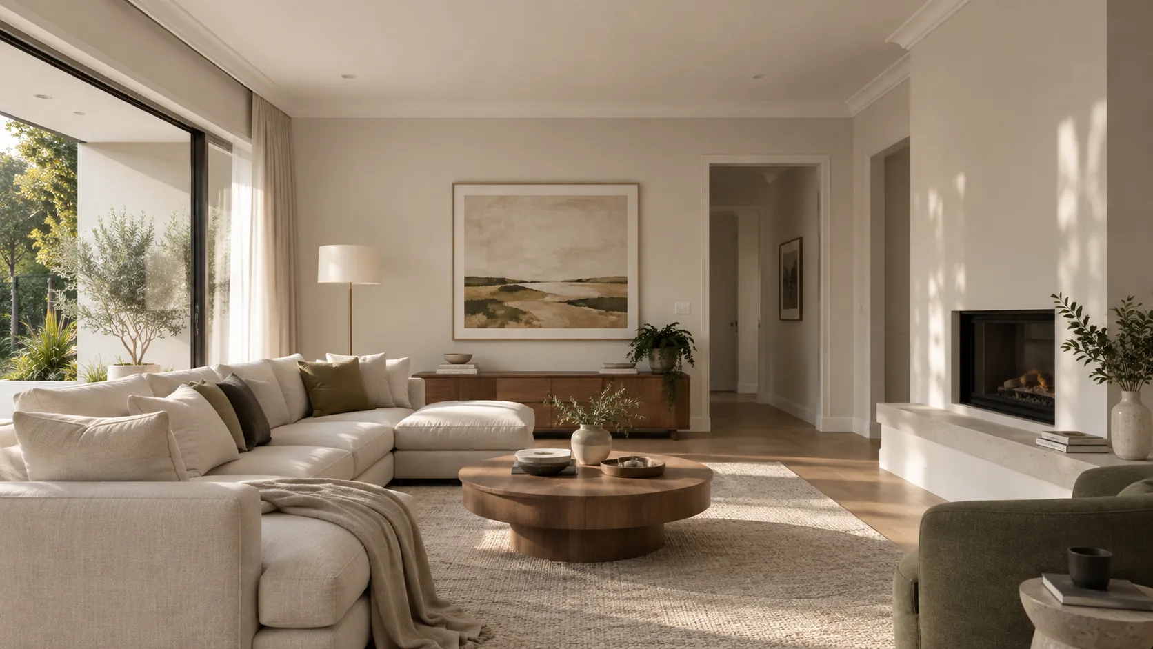 Interior colour study with warm neutral walls and natural timber furnishings